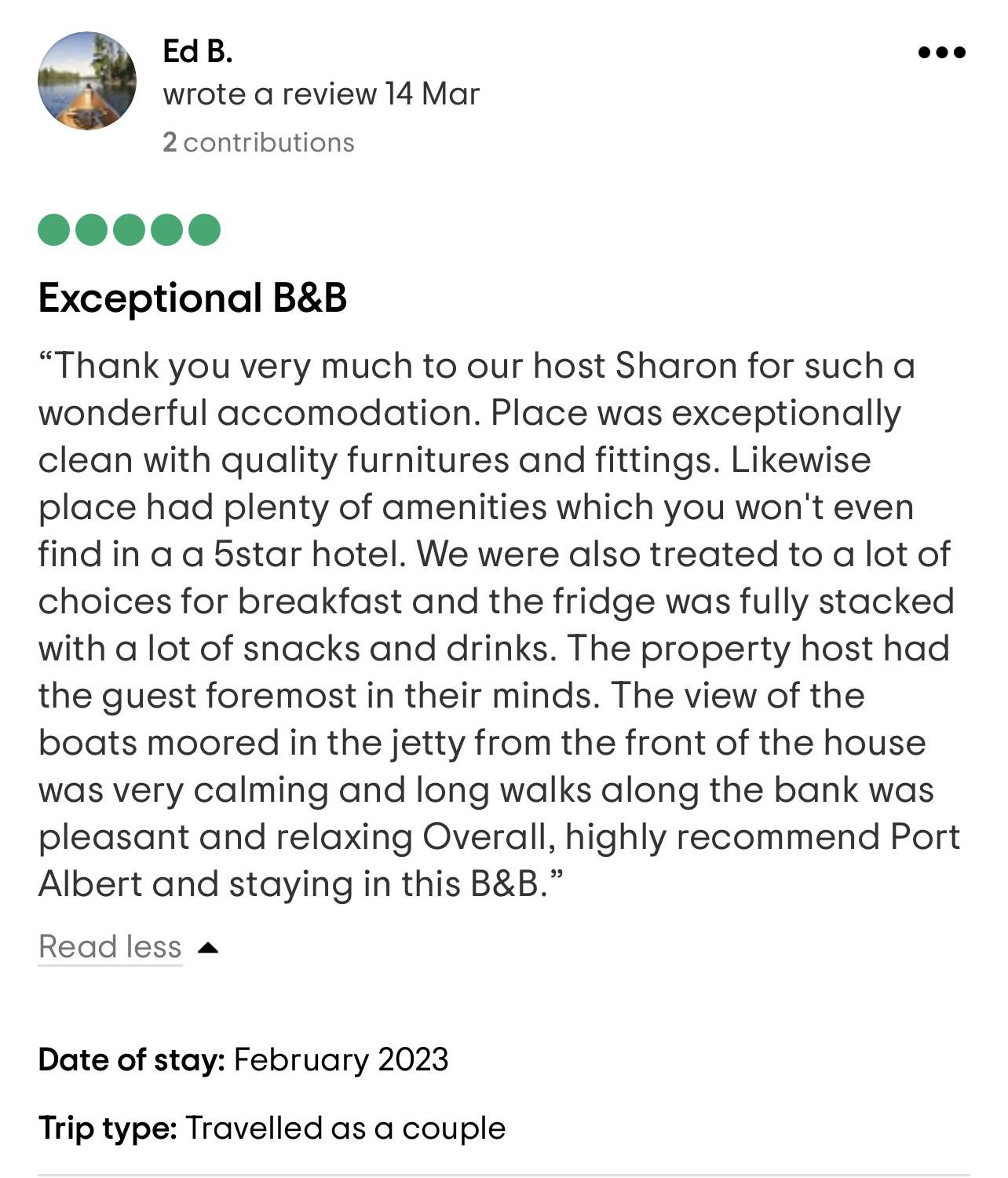 Boat Harbour Jetty B&B review by Ed B.