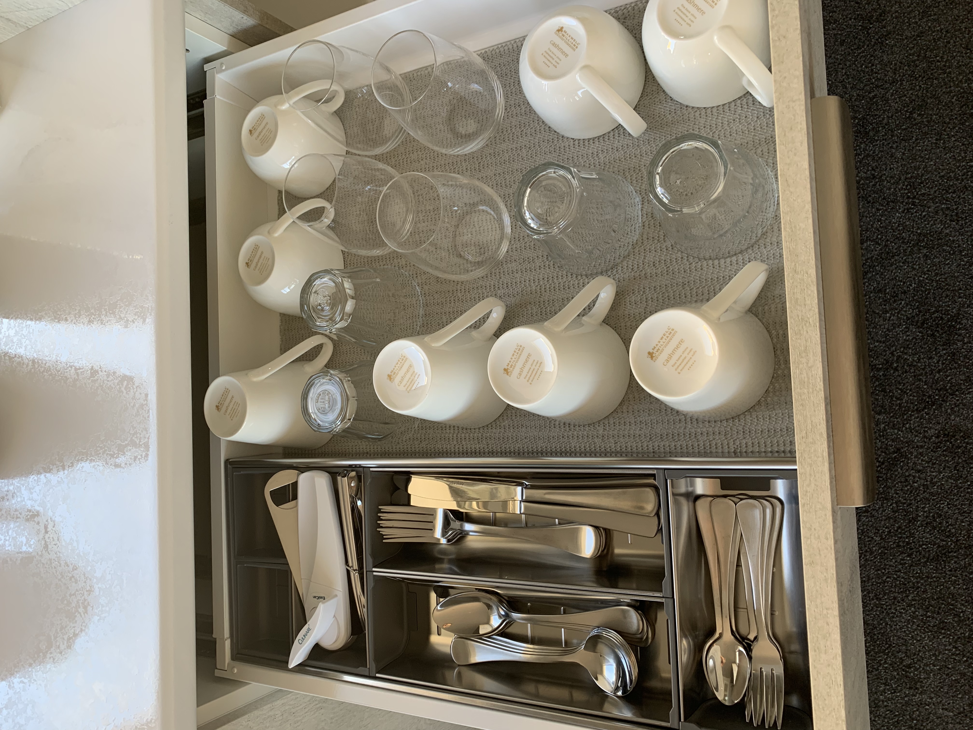 Kitchenette glassware, cutlery and cups