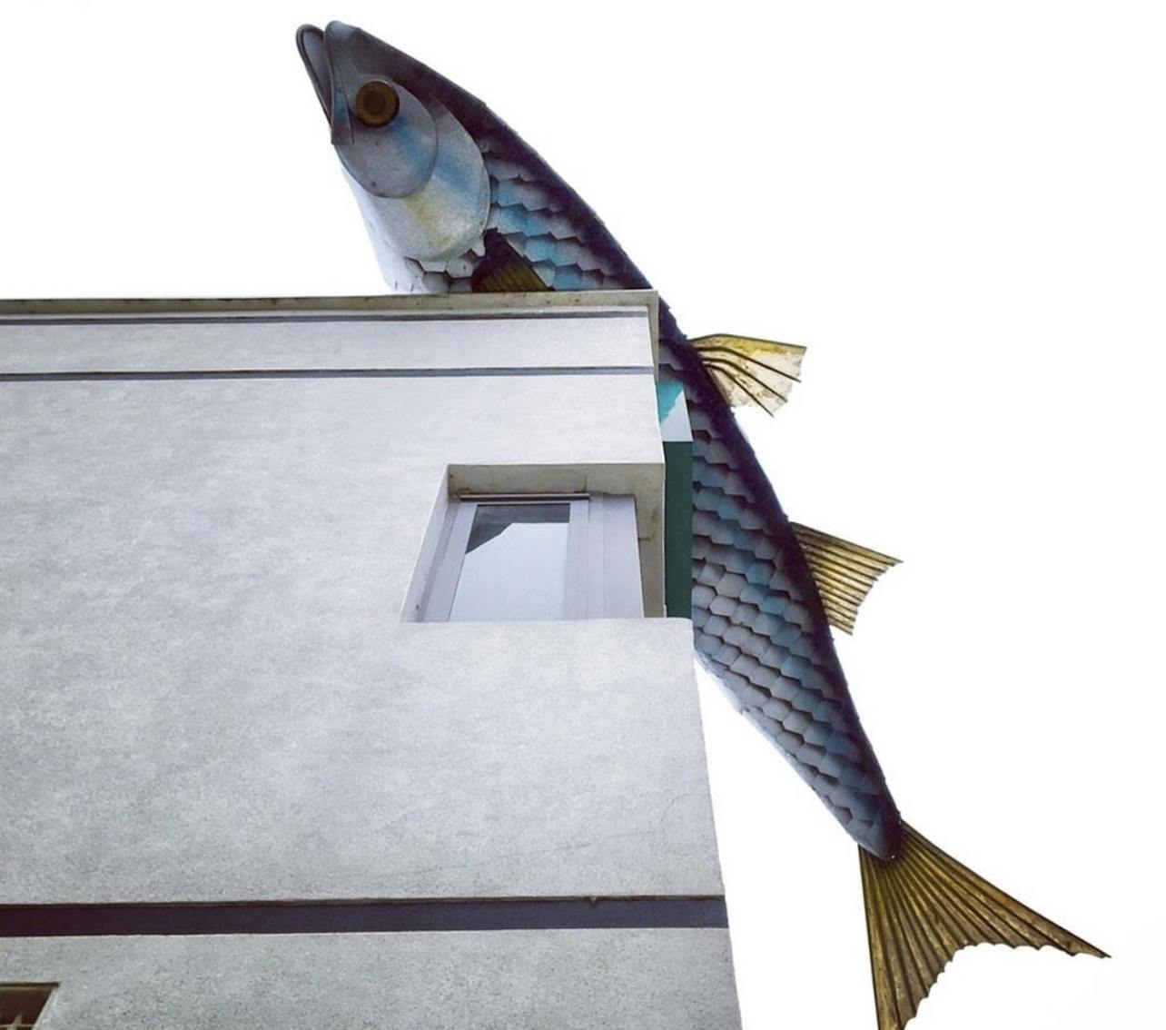 Giant fish atop Fish Creek Hotel