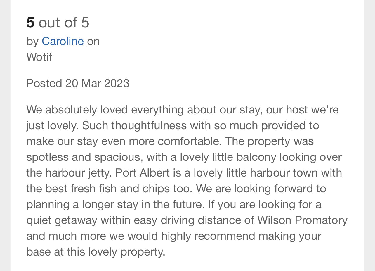 Boat Harbour Jetty B&B review by Caroline