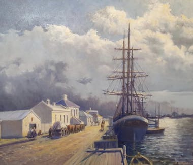 Warren Curry original oil painting of Port Albert dipicting Government Wharf