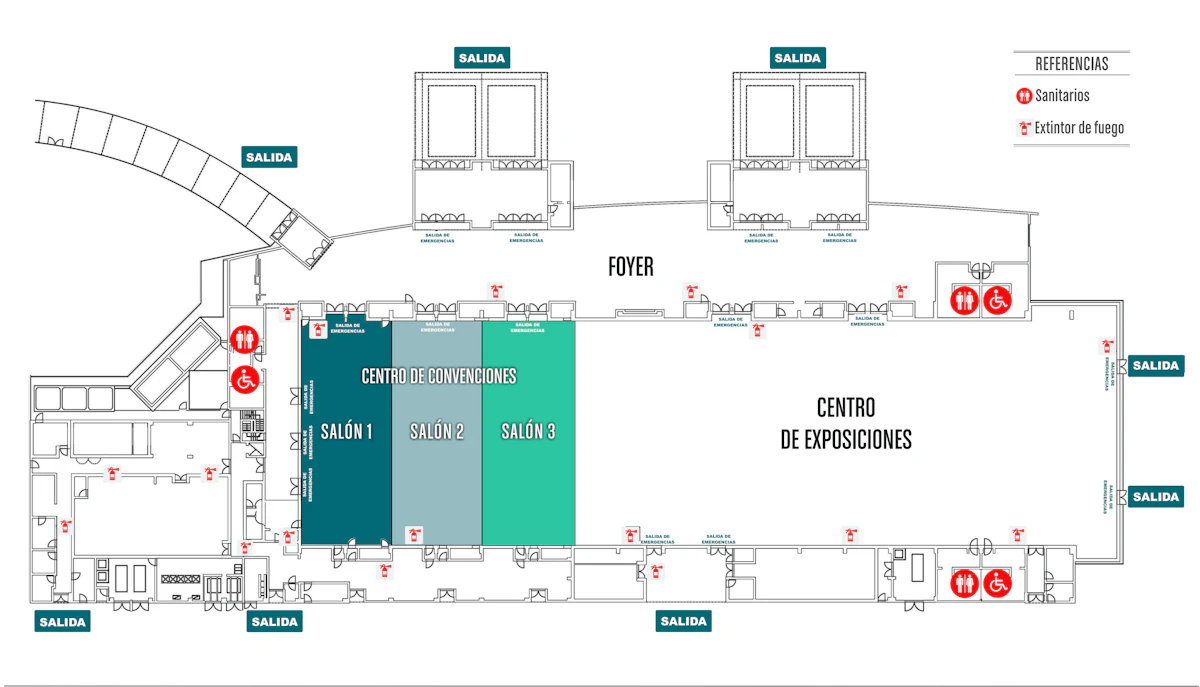 Croquis de Salones 1, 2 y 3: ubicación dentro del complejo, con accesos y salidas de emergencia