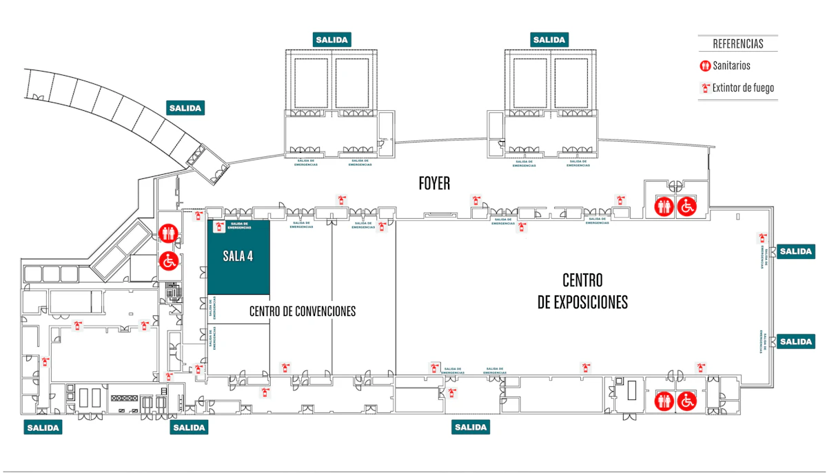 Croquis de Sala 4: ubicación dentro del complejo, con accesos y salidas de emergencia