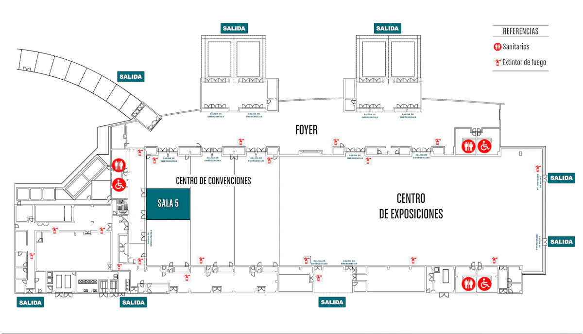 Croquis de Sala 5: ubicación dentro del complejo, con accesos y salidas de emergencia