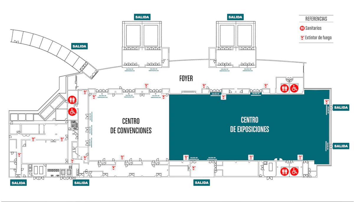 Croquis de Centro de Exposiciones: ubicación dentro del complejo, con accesos y salidas de emergencia