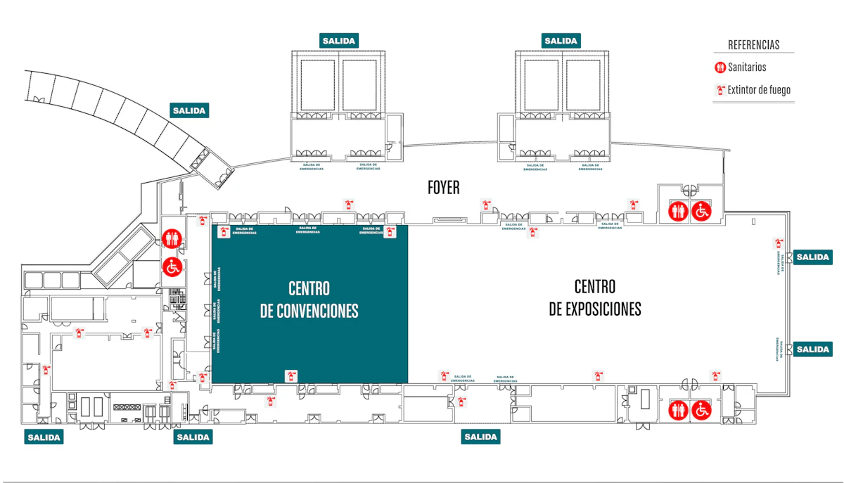 Croquis de Centro de Convenciones: ubicación dentro del complejo, con accesos y salidas de emergencia