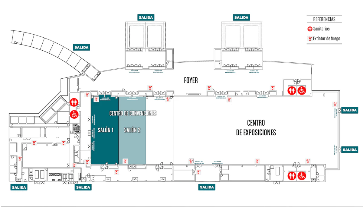 Croquis de Salones 1 + 2: ubicación dentro del complejo, con accesos y salidas de emergencia