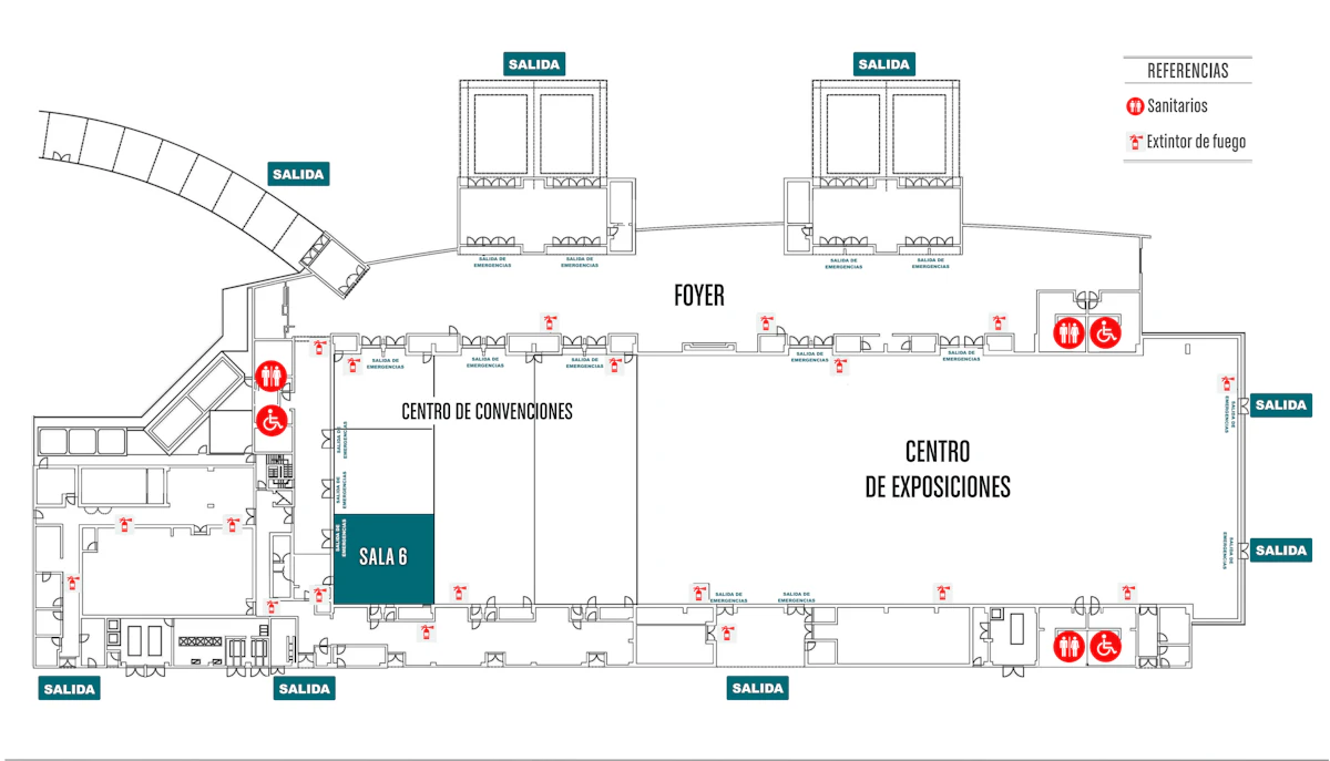 Croquis de Sala 6: ubicación dentro del complejo, con accesos y salidas de emergencia