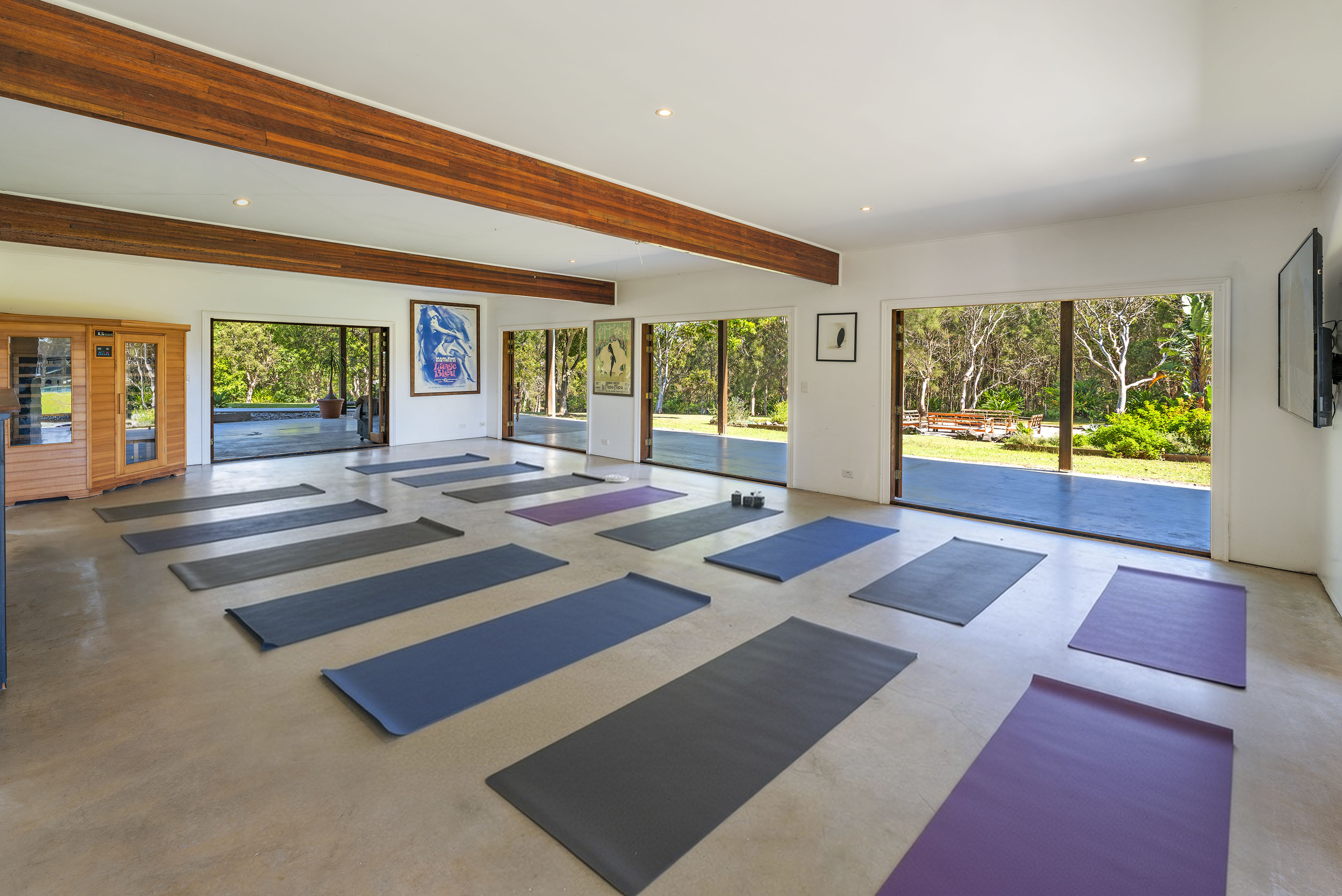 yoga meditation space for 18 opens onto patio garden spa with abundance of wildlife