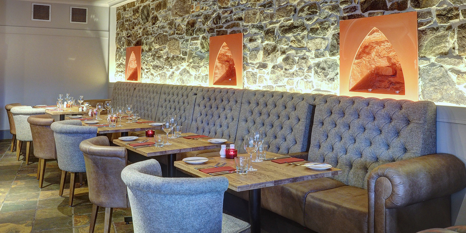 Modern and warm seating arrangements inside the Boatshed restaurant, Royal Hotel, Stornoway, Isle of Lewis