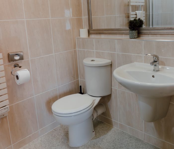 A bathroom with a white toilet, a sink with a faucet, and a mirror on the wall.
