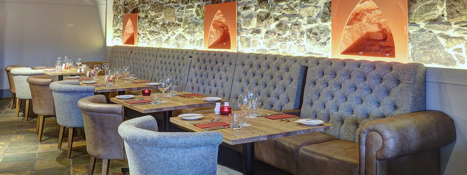 Modern and warm seating arrangements inside the Boatshed restaurant, Royal Hotel, Stornoway, Isle of Lewis