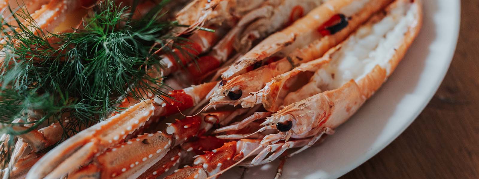 Grilled langoustines served on a plate at the Boatshed Restaurant, Royal Hotel.