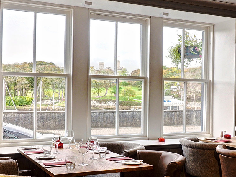 View overlooking the Lews Castle from the Boatshed restaurant located in the Royal Hotel, Stornoway, Isle of Lewis