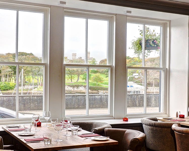 View overlooking the Lews Castle from the Boatshed restaurant located in the Royal Hotel, Stornoway, Isle of Lewis