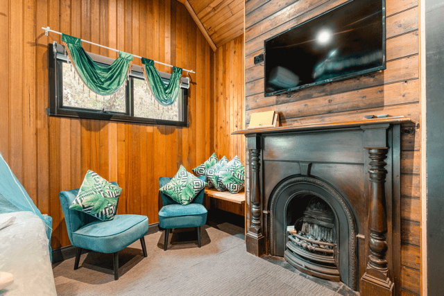 Birchtree Bower living area with fireplace