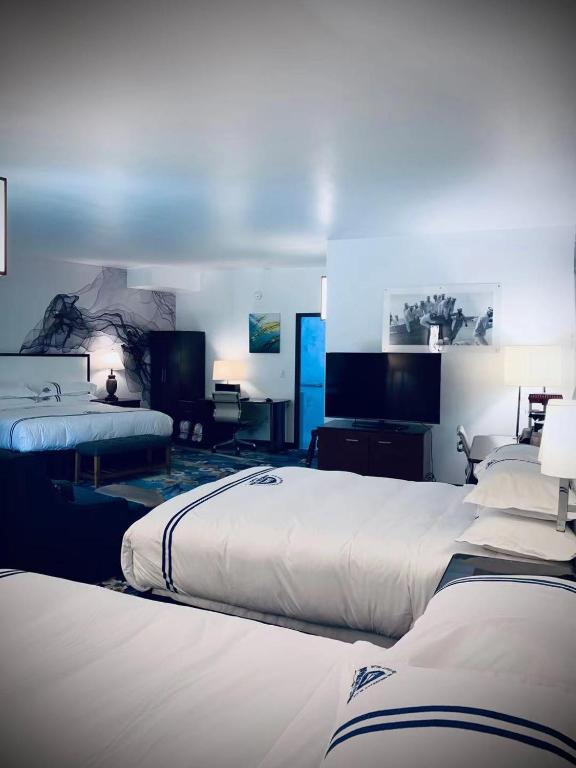 Family room with one king bed and two XL beds, featuring a wheelchair-accessible shower, spacious layout, and ideal accommoda