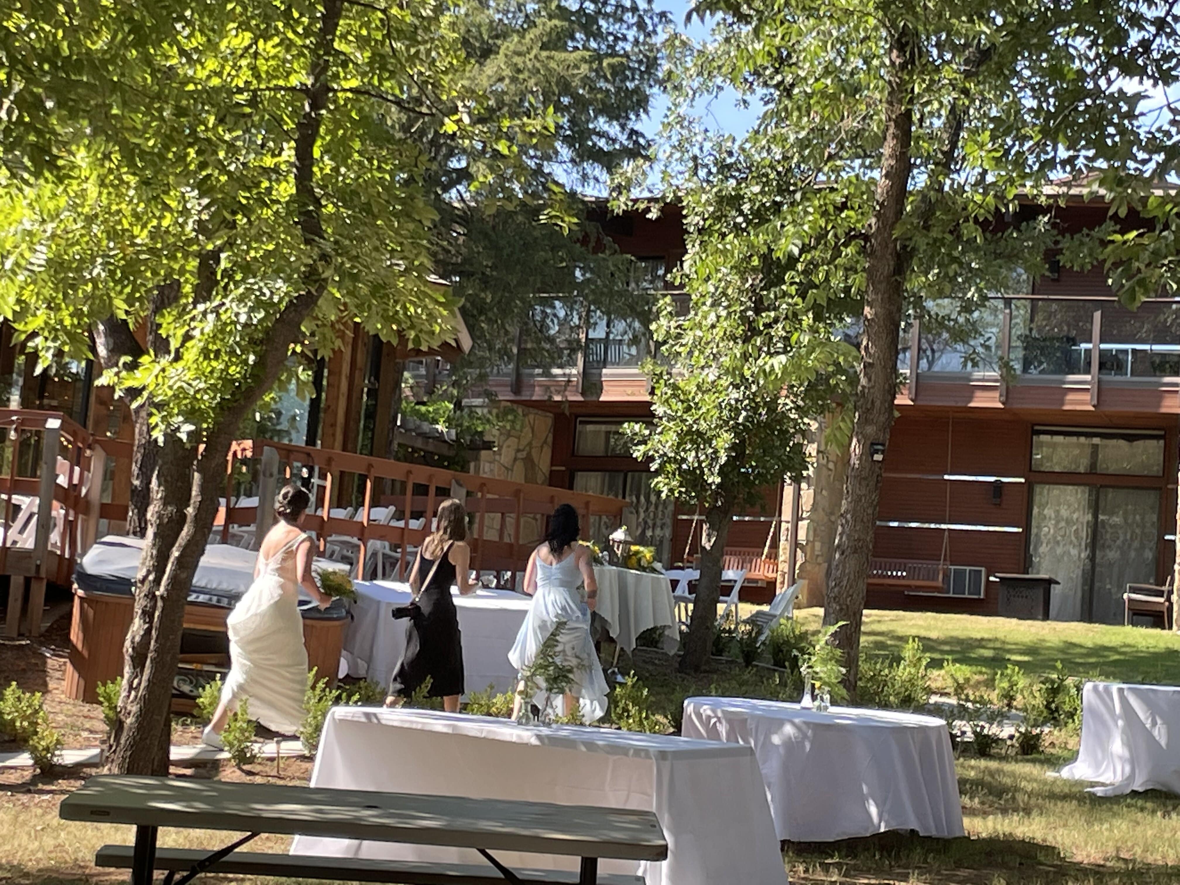 Large outdoor wedding venue for 200–300 guests with banquet tables, buffet setup, and a spacious garden layout.