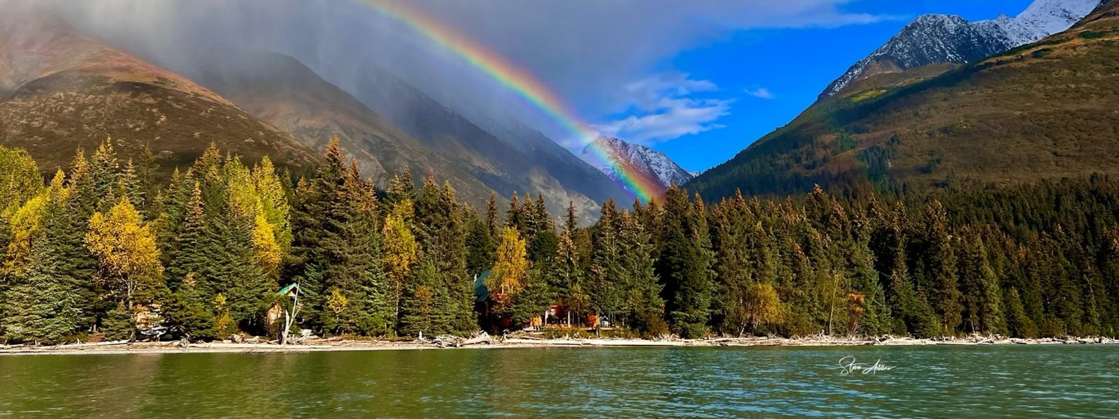 Rainbow over Cabins off Kenai Lake