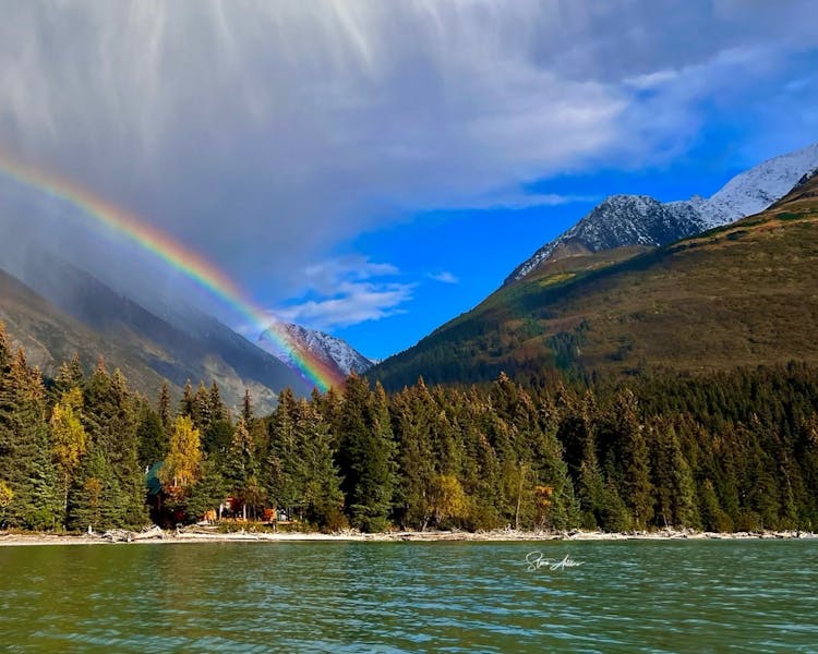 Rainbow over Cabins off Kenai Lake