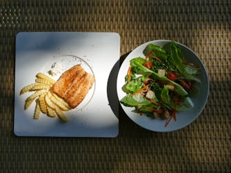 healthy salad and baked fish and French fries at Monoceros Resort, Chiang Mai