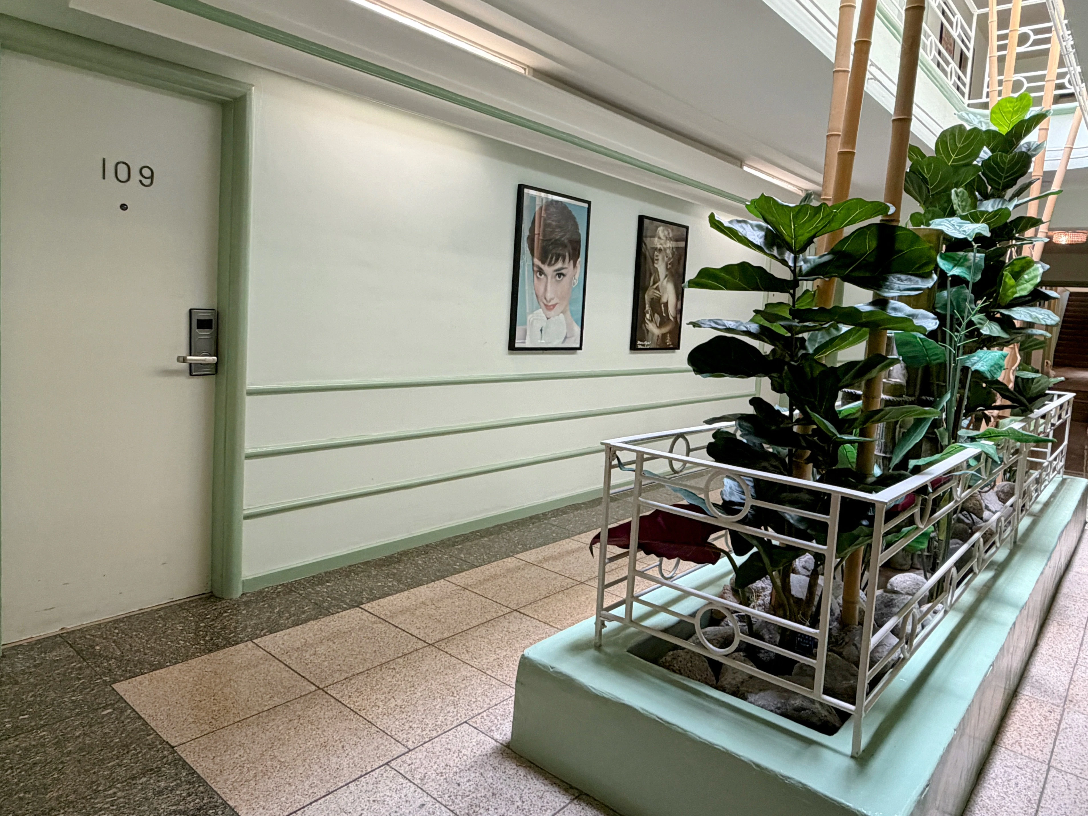 A hotel lobby with a door, plant, and artwork on the wall.