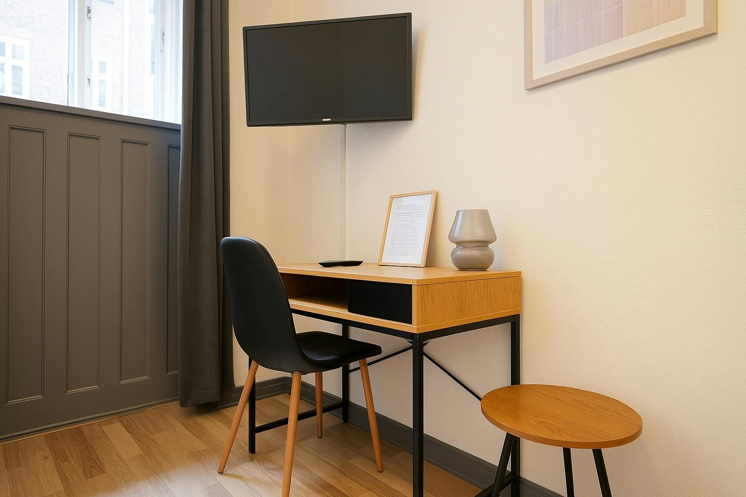 Hotel Amager Copenhagen single room with desk, flat-screen TV and workspace area