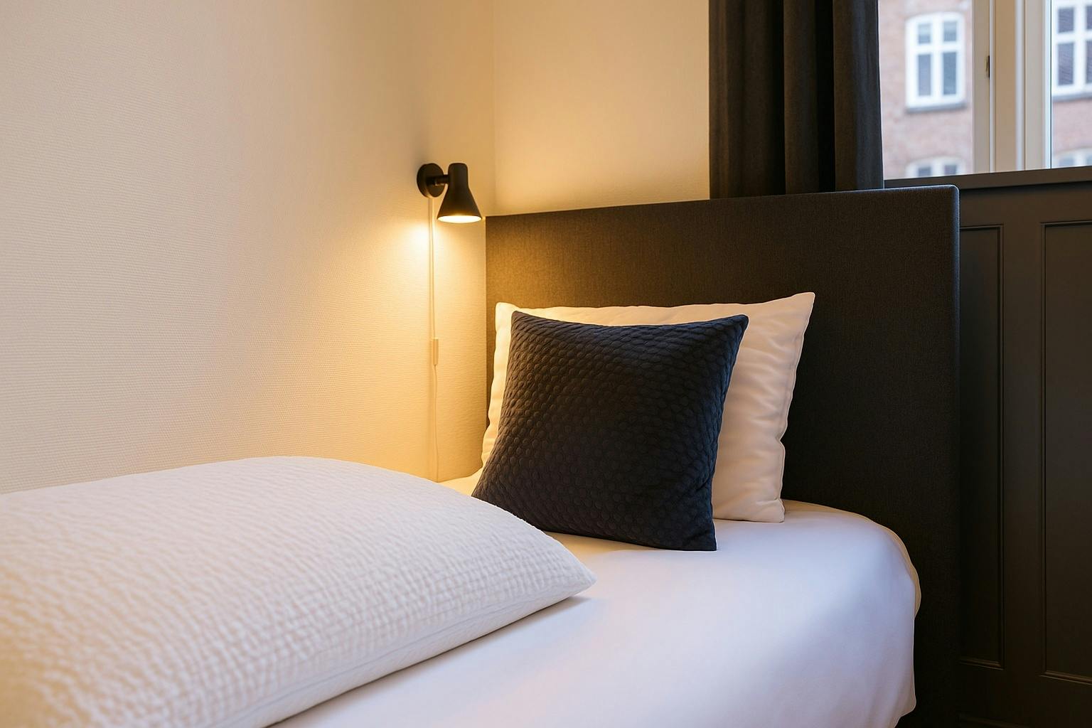 Cozy Hotel Amager Copenhagen single room with comfortable bed and wall sconce lighting